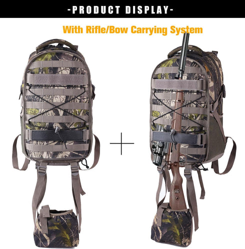 Waterproof Camo Hunting Backpack with Rain Cover and Bow/Rifle Holder for Camping, Hiking