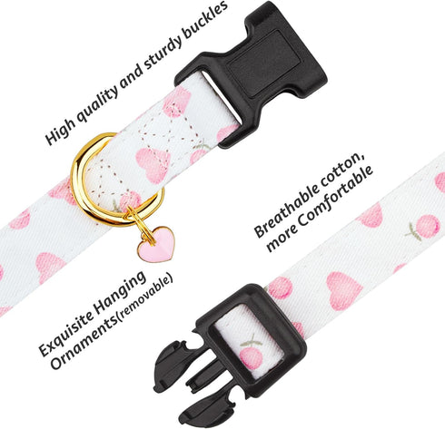 Cotton Handmade Dog Collar, Cute White & Pink Love Heart Patterns with Pendant for Small Medium Large Dogs
