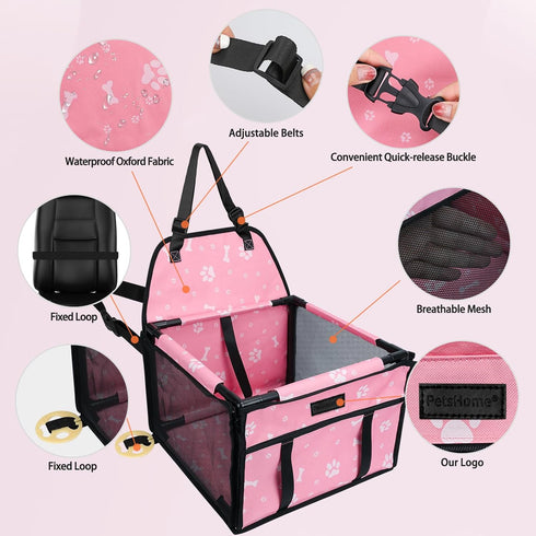 PetsHome Dog Car Booster Seat, Foldable Pet Car Seat with 12 PVC Tubes, Waterproof Oxford Travel Seat for Small to