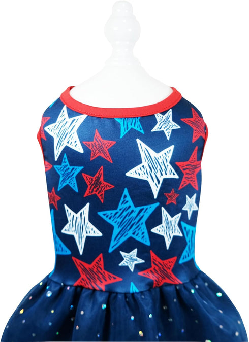4th of July Holiday American Starshine Mesh Costume Skirt for Small Dogs, Independence Day Dog Dress Outfit