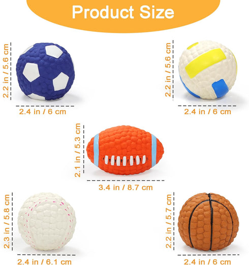 2.4" Squeaky Latex Dog Toy Ball Sports Balls Set, Soft, Bouncy & Durable for Small Medium Dogs, 5 Pcs/Set