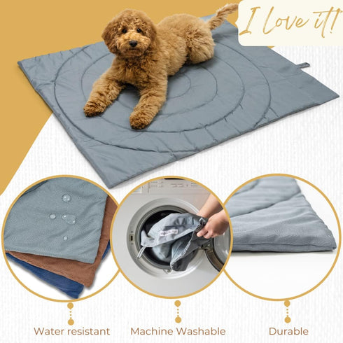 Portable Dog Mat, Waterproof & Foldable Pet Bed for Indoor, Outdoor, Travel, 39"x30", Grey, Includes Carry Bag