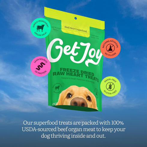 100% 4oz Get Joy Freeze Dried Beef Heart Dog Treats, | Single Ingredient Organ Meat, High Protein Raw Dog Food Topper