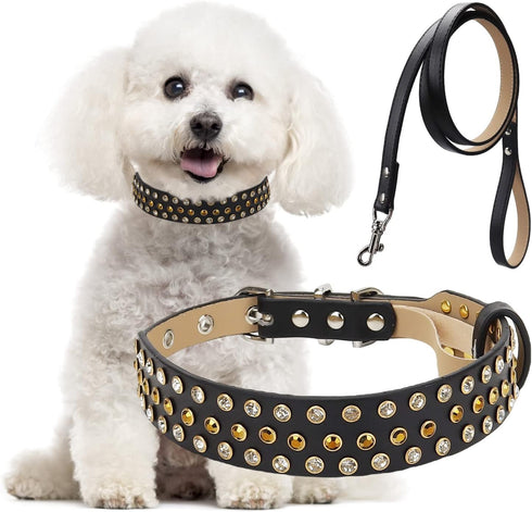 Rhinestone Dog Collar with Leash, Bling Diamond Adjustable Pet Collars, Sparkly Crystal Studded Microfiber Leather for