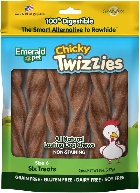 Emerald Pet Twizzies Rawhide Free 100% Digestible Natural Dog Chew Treats, Size 6, Chicky Chicken