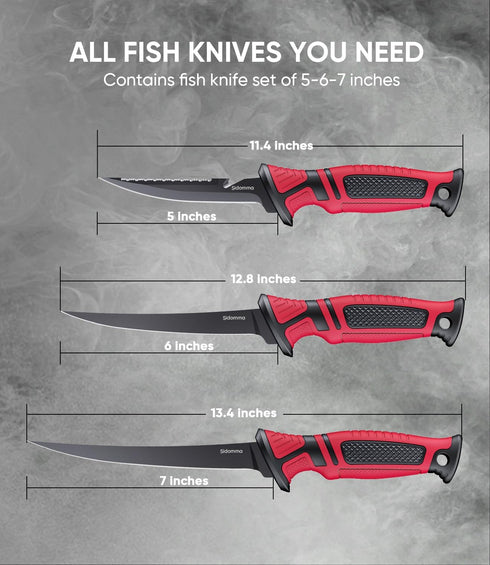 Sidomma Set 5"-6"-7" G4116 Fillet Knife and Bait Knife Performance German Flex Razor Sharp Stainless-Steel Blade