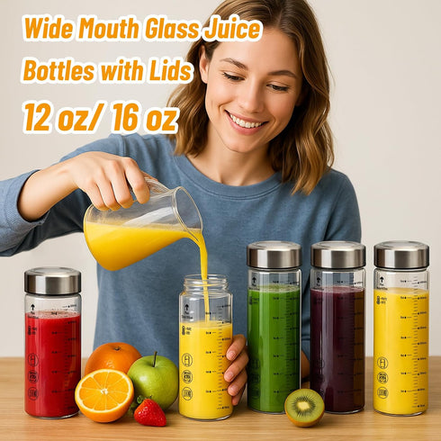 12 oz 6 Pack Luxfuel Glass Juice Bottles with Lids, Wide Mouth Borosilicate Glass Bottles with Stainless Steel Lids