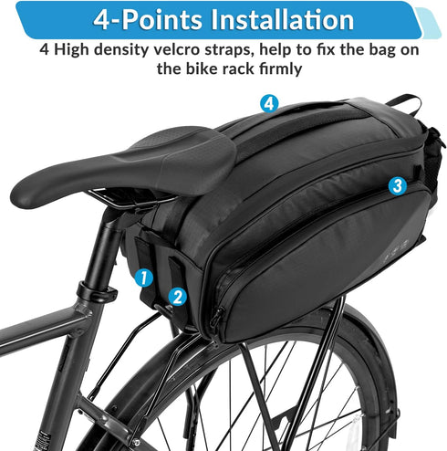 WOTOW 12L Waterproof Bike Rear Rack Bag - Reflective Bicycle Trunk Carrier with Water Bottle Holder, Shoulder Strap