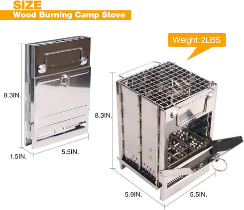 Portable Folding Camping Wood Stove, Lightweight Stainless Steel Wood Burning Camp Stove with Grill for BBQ