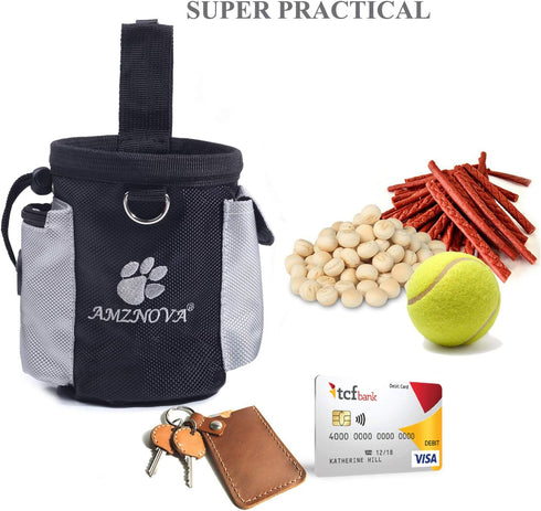 AMZNOVA Dog Treat Bag, Puppy Training Pouch, 3 Cups Snack Container for Hiking with Waistband, Black