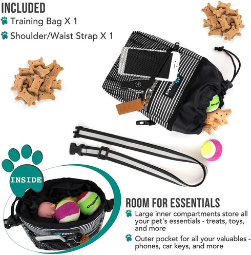 PetAmi Dog Treat Pouch, Training Bag Holder for Kibbles, Pet Food Toy, Poop Bag Dispenser (Black Stripes)