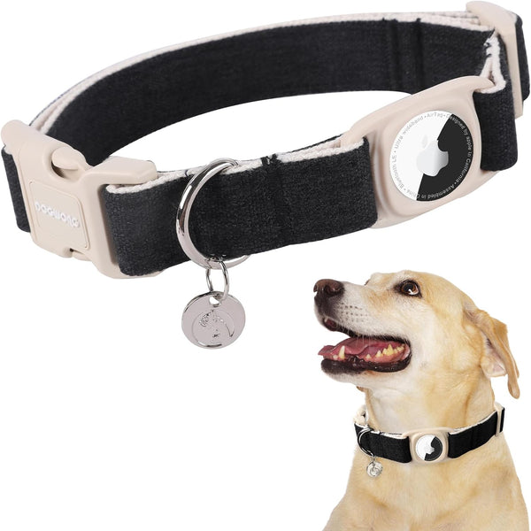 DOGWONG Airtag Cotton Hemp Dog Collar, Heavy-Duty Black Collar with Airtag Holder for Small Medium Large Dogs