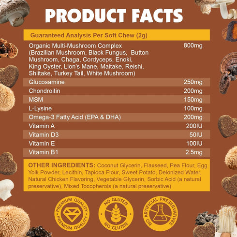 Immune 13 140 Mushroom Chews for Dogs, Turkey Tail Mushroom for Dogs, Health, Digestive, Skin, Energy, Joint Support