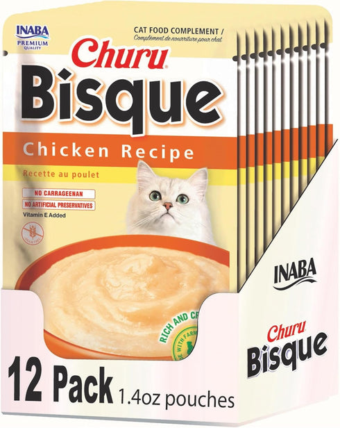 INABA Churu Bisque for Cats, Creamy Lickable Purée Side Dish, 1.4 ounces per Pouch, 12 Pouches, Chicken Recipe with