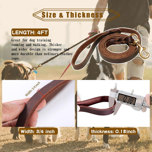 Leather Dog Leash, 4ft x 3/4 inch, Heavy Duty Braided Genuine Leather Training Leash for Large, Medium, Small Dogs