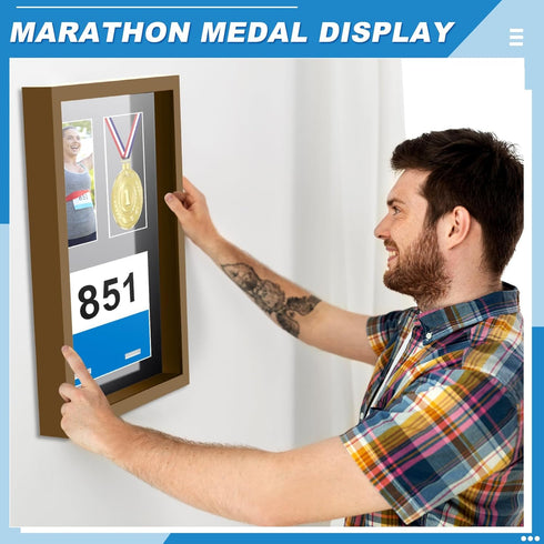 RattanView 3 1 17 12.5 Inch Medal Display Frame Shadow Box in Marathon Medal and Photo Display Frame Case x Wood Award