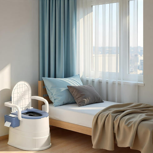 Portable toilet seat with armrests, with lid, with tissue holder, with seat function, robust, easy to clean, no power