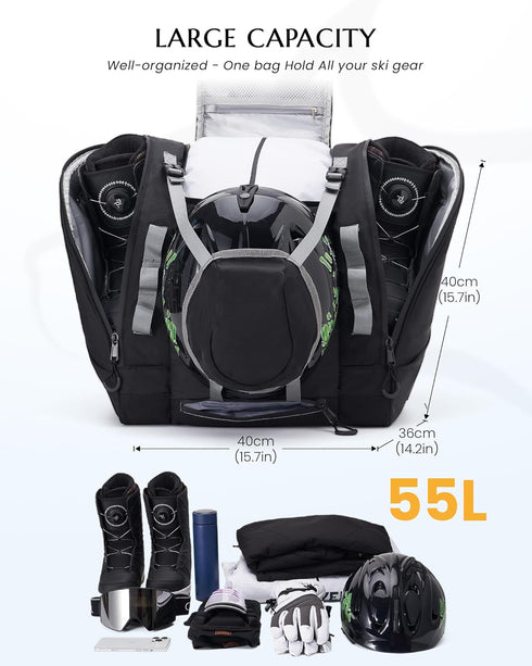 Ski Boots Bag 54L, Fully Padded Backpack for Snowboard Gear, Water-Resistant Travel Luggage with PVC Bottom Pockets