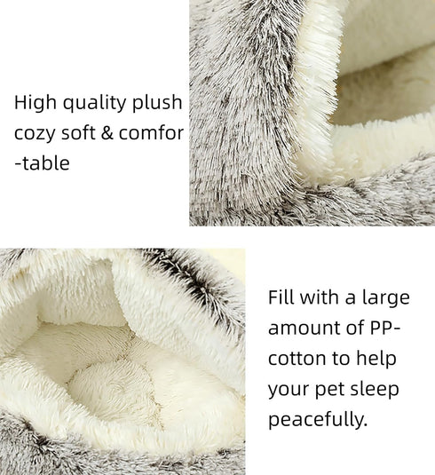 Dog Cave Bed for Small Dogs Cats, Anti-Anxiety Calming Plush Bed, Fluffy Covered Hooded Cozy Burrow, Washable,