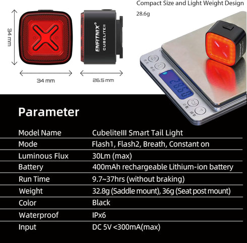 IPX6 4 CUBELITE III Smart Bike Light,Ultra-high Visibility, Auto On/Off, Dual-Channel LED Automatic Brake-Sensing