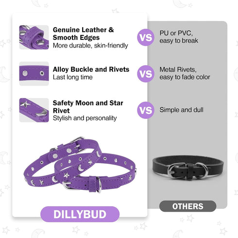 Adjustable Leather Dog Collar for Small Medium Dogs, Star Moon Rivet Studded with Rust-Proof Metal Buckle, XS S