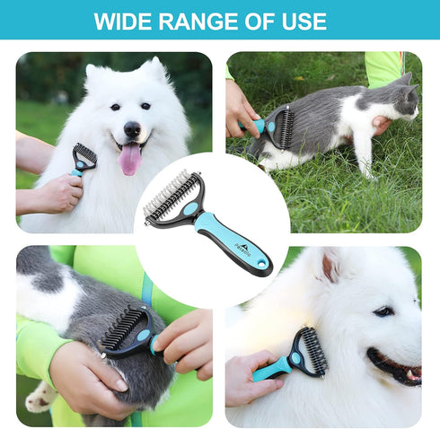 Pet Grooming Brush - 2 Sided Undercoat Rake for Deshedding and Detangling Fur for Cats and Dogs (Blue)