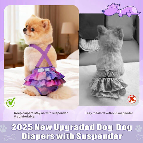 Idepet 3 Pack Female Dog Diapers with Suspender Detachable, Tie Dye Washable Reusable Girl Doggie Diapers Skirts