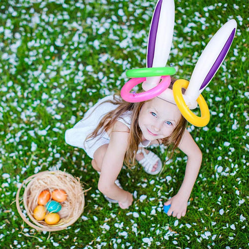 2 Set (2 12 1 1 Hoshin Inflatable Bunny Ears Ring Toss Game Rabbit-Ear Hats with Ring Toss, Medal and Hand-held Pump)