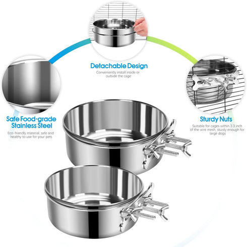 Dog Food Water Bowl with Clamp Holder, Stainless Steel Non-Spill Hanging Bowls for Small Medium Large Dogs (Silver, M)