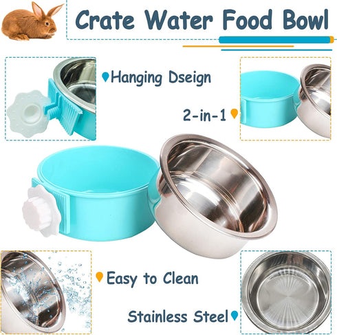 Hamiledyi 3PCS Crate Bunny Food Bowl, Removable Stainless Steel Dual Bowls with Plastic Hanging Water Fountain