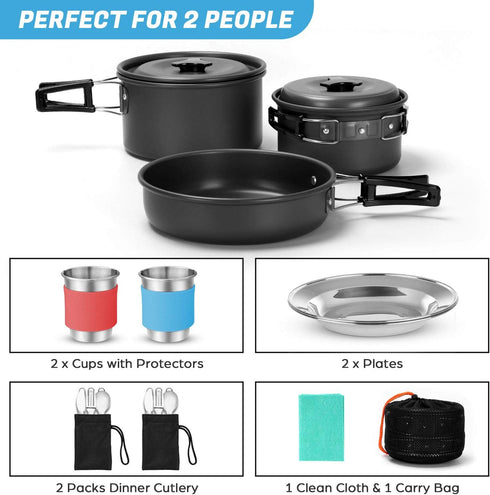 Odoland 15pcs Non-Stick Camping Cookware Mess Kit, Lightweight Pots Pan Set with Stainless Steel Cups Plates Forks