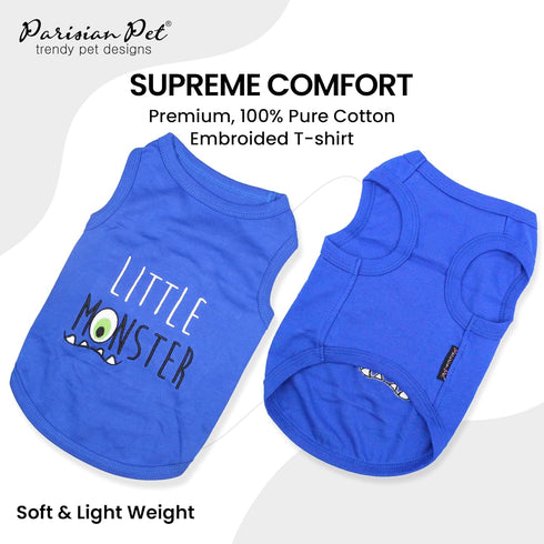 Parisian Pet Dog Tshirt, Sleeveless Blue “Little Monster” Boy Dogs Apparel, Lightweight Pure Cotton Shirts for Medium