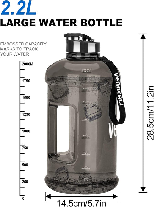 VENNERLI Half Gallon Water Bottle 2.2L - Large Sports Water Bottle with Handle, 74oz BPA-free Reusable Plastic