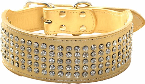 Rhinestones Dog Collars 5 Rows Full Sparkly Crystal Diamonds PU Leather Collar for Medium & Large Dogs (Gold, L)