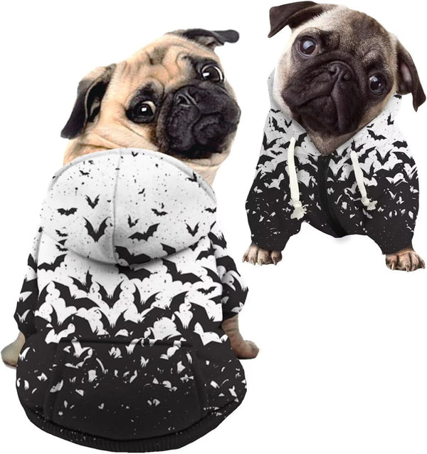 Dog Halloween Costume, Black & White Splash Bat Hoodie Sweatshirt with Hat for Small Medium Large Dogs Cats, L