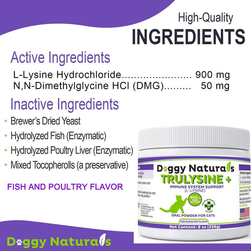 Trulysine Plus L-Lysine for Cats, 8oz/226g Immune Support Oral Powder for Cats & Kittens, Fish & Poultry Flavor