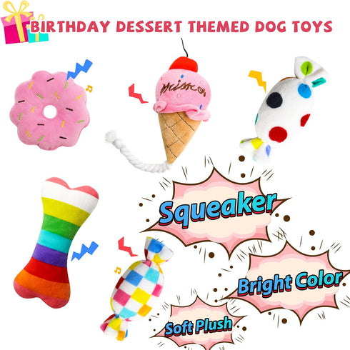 Dog Birthday Toys - Happy Birthday Gift for Dogs, Squeaky Plush Cake Hat Bandana for Small & Medium Dog Birthday Party