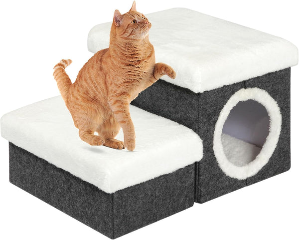 B FSOBEIIALEO Cat House Pet Stairs for Beds Sofa, Foldable 2-Tier Steps with Storage Toy Box, Small Cat House, Grey