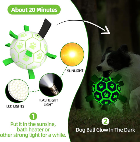 Glow in The Dark Dog Toys - Interactive Light Up Soccer Ball with Straps for Small & Medium Dogs, Puppy Gifts
