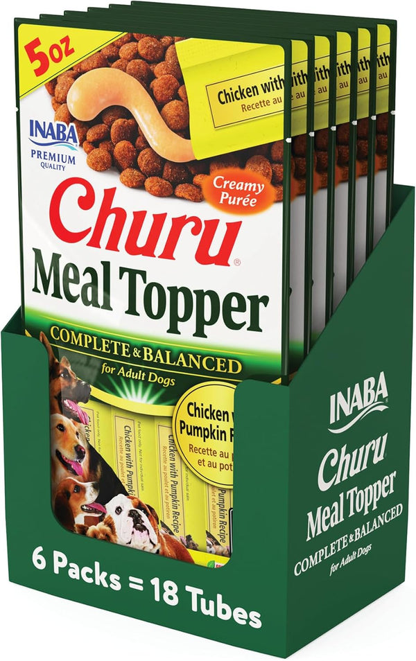 INABA Churu Meal Topper for Dogs, Creamy Lickable Purée, 1.69 Ounce Tube, 18 Tubes (3 per Pack), Chicken with Pumpkin