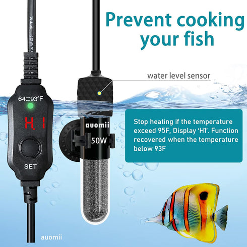 Small Submersible Aquarium Heater, Adjustable Mini Heater 25/50/100/150/200/300 Watts for 1-60 Gallons
