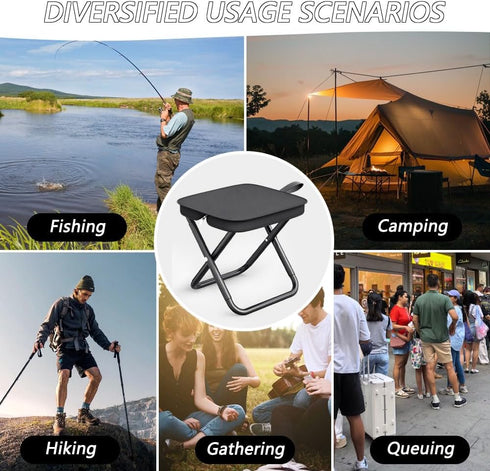 XmyNexus Portable Folding Stool for Adults, Black Lightweight Camping Seat, Compact Design for Fishing, Hiking