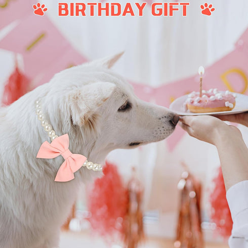 LEIFIDE Dog Pearls Collar Necklace with Pink Bow Pendant, Adjustable Jewelry for Wedding Birthday Pet Grooming (8 Inch)