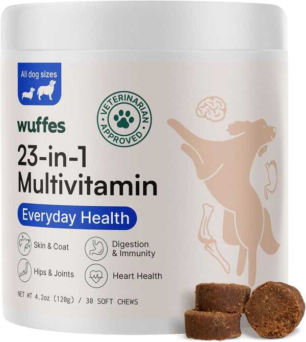 Wuffes 23-in-1 Chewable Dog Multivitamin, 30 Soft Chews - Vitamins for Small & Large Breeds, Coat, Heart, Joints