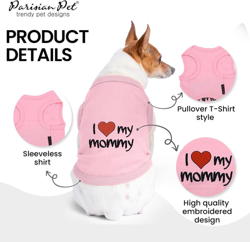 Parisian Pet Dog T-Shirt, 100% Cotton, Pink, with 'I Love My Mommy' Embroidery, Sleeveless Vest for Large Dogs, 5XL