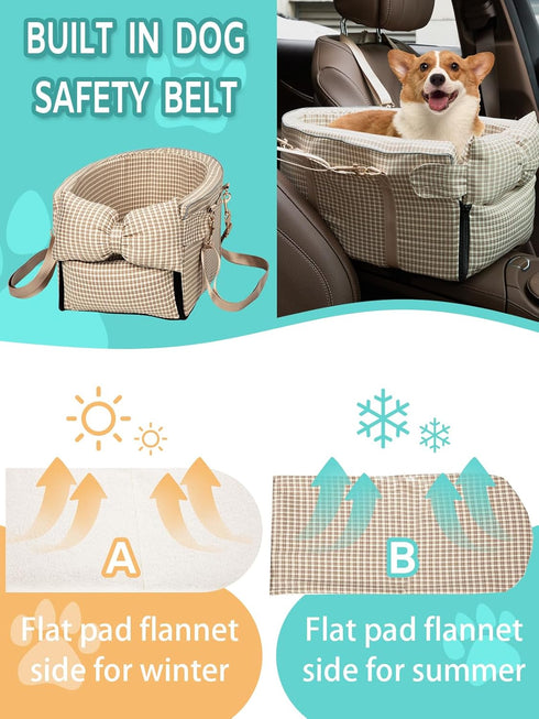 Center Console Dog Car Seat for Small Dogs, Anti-Collapse with Soft Cushion Safety Belt, Portable Armrest Seat for Pets