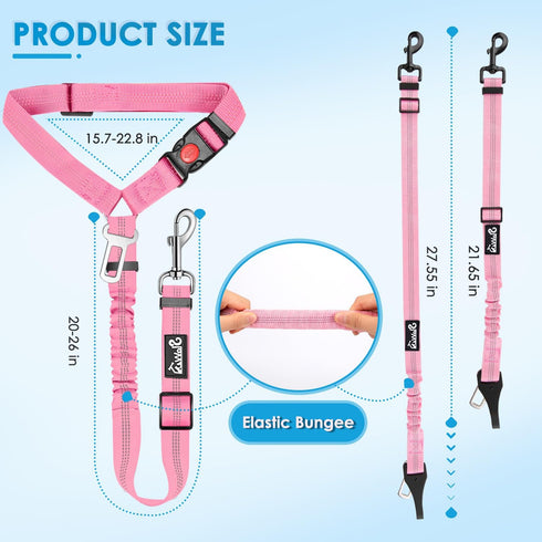 2 Pack Lukovee Dog Seatbelt Leash for Cars, Pet Safety Seat Belt with Adjustable Buckle & Reflective Bungee, Connect