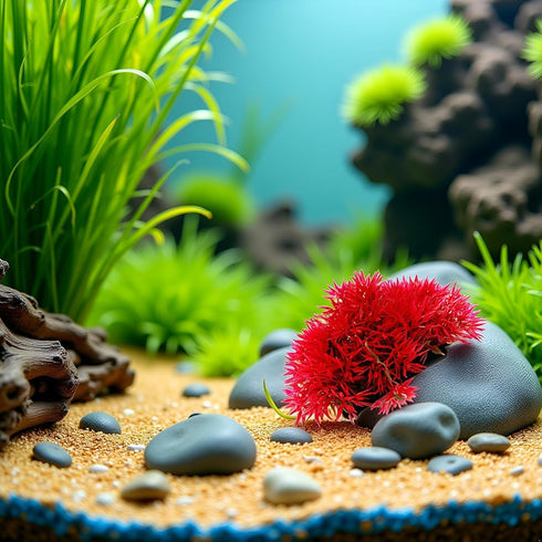 Juroicessry Red Artificial Flowers, Fake Flowers, Artificial Pine with Base Grass Fish Tank Ornament Aquatic Plant