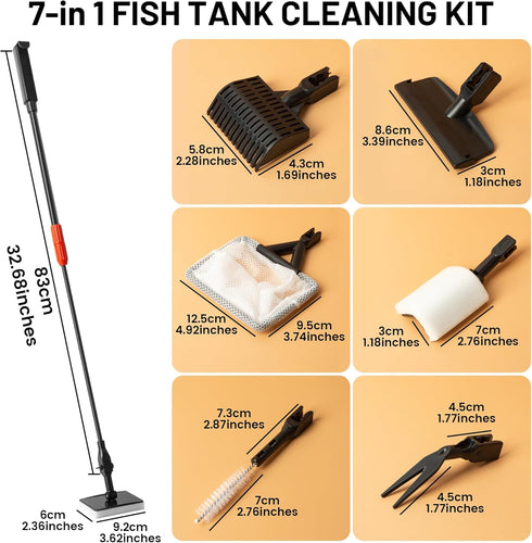 7 1 Aquarium Glass Cleaner, in Algae Remover for Fish Tank, Aquarium Cleaning Kit with Long Handle, Aquarium Net, Algae