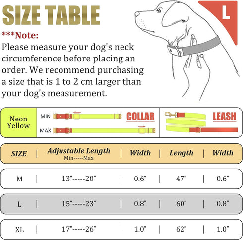 QRDA Dog Collar and Leash Set, Fluorescent Yellow Adjustable Durable Nylon for Small/Medium/Large Dogs